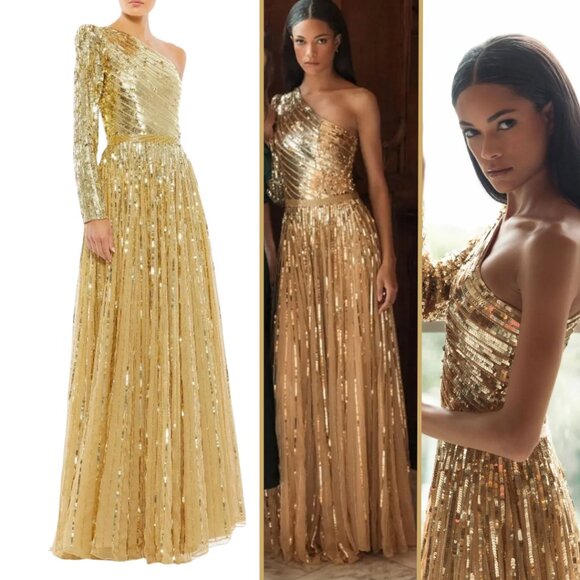 Mac Duggal 5508 Size 16 Gold One Shoulder Sequined Beaded Long Maxi Gown Dress - Picture 1 of 6